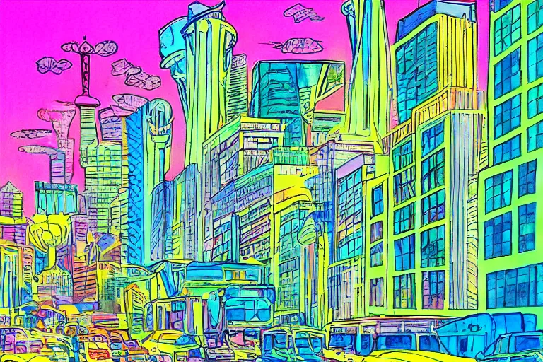 Image similar to !! pastel!! seattle in a sunny day, artwork by tooth wu, colorful contrast,!!!! very coherent!!!!, dark shadow, thick lineart