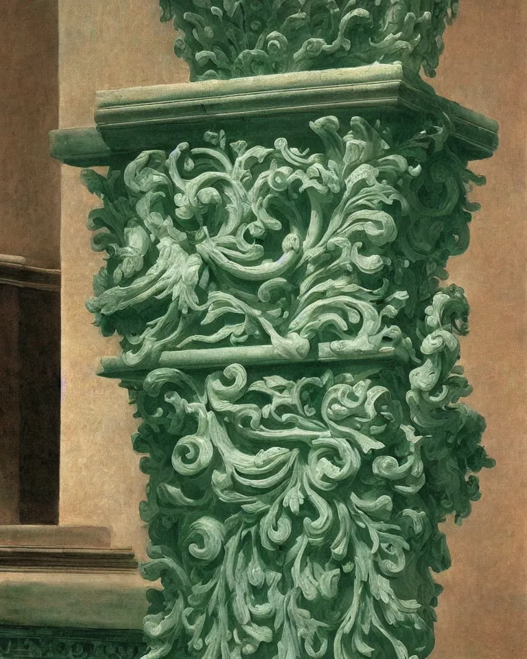 Image similar to achingly beautiful painting of intricate ancient roman corinthian capital on jade background by rene magritte, monet, and turner. giovanni battista piranesi.