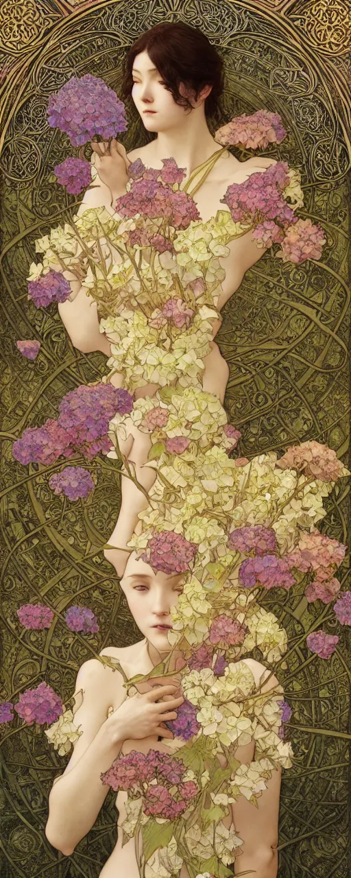 Prompt: tarot art nouveau painting of a hydrangea flower, ultradetail, art and illustration by tian zi and craig mullins and Ayami Kojima and WLOP and alphonse mucha, fantasy, intricate complexity, watermark, blurry, hyperrealism 8k