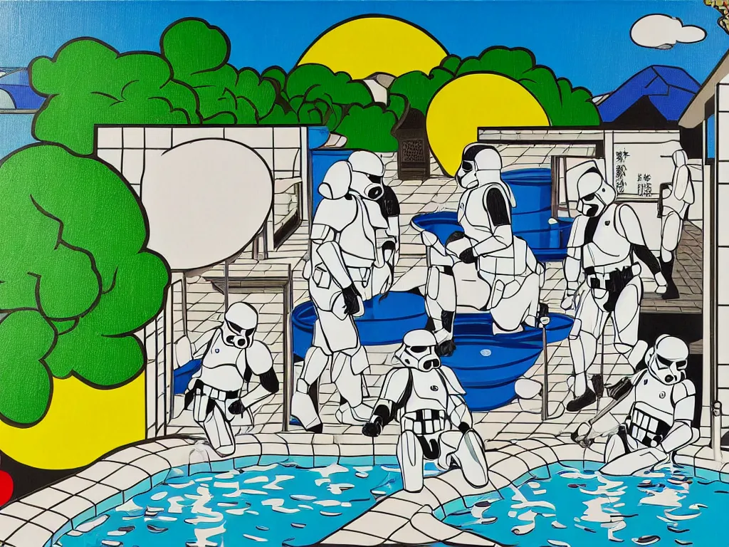 Image similar to hyperrealism composition of the japanese house with a hot springs in the garden, two detailed stormtroopers bathe in a hot spring, pop - art style, jacky tsai style, andy warhol style, roy lichtenstein style, round canvas, acrylic on canvas