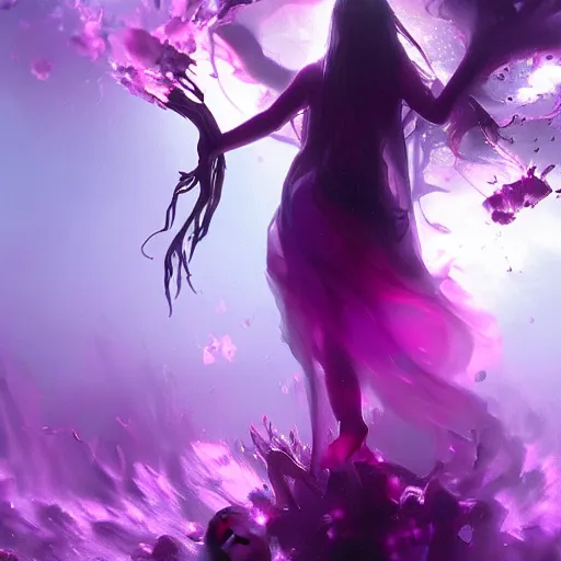 Image similar to !dream A Witch emerges from a pool of swirling purple and red magical liquid by Greg Rutkowski, 4k photorealistic, volumetric lighting, HD, high details, dramatic, trending on artstation