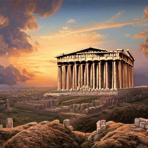 Image similar to the Parthenon with wings, flapping its wings flying in sunset sky, oil on canvas, portrait, intricate, 8k highly professionally detailed, HDR, CGsociety
