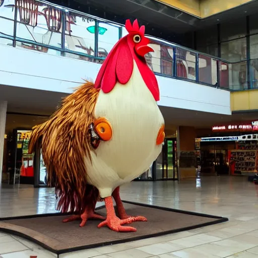 Prompt: giant rooster next to a small rooster inside a shopping mall