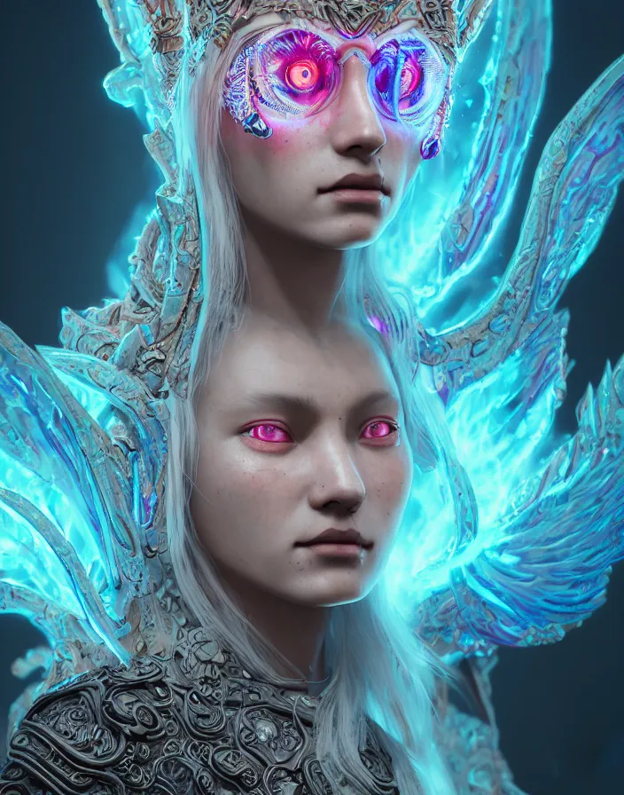 Prompt: demon goddess close-up portrait tribal beautiful slavic russian monk in hooded princess queen, ancient high tech, cyberpunk, dystopian, jellyfish phoenix dragon, butterfly squid, burning halo, intricate artwork by Tooth Wu and wlop and beeple, greg rutkowski and artgerm, cinematic, hyper realism, high detail, octane render, unreal engine, 8k, Vibrant colors, Smooth gradients, High contrast, depth of field, aperture f1.2