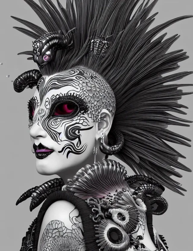 Image similar to 3 d goddess close - up profile portrait punk with mohawk with ram skull. beautiful intricately detailed japanese crow kitsune mask and clasical japanese kimono. betta fish, jellyfish phoenix, bio luminescent, plasma, ice, water, wind, creature, artwork by tooth wu and wlop and beeple and greg rutkowski