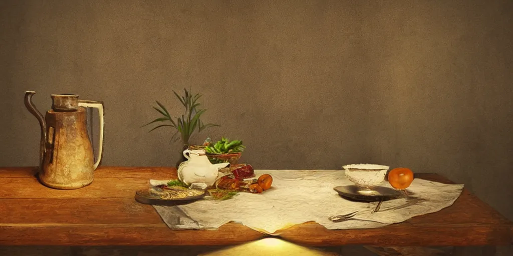 Prompt: Still art, the antique old table with antique ceramic jug with palms inside, candle near jug and vegetables on table, cinematic light, digital art