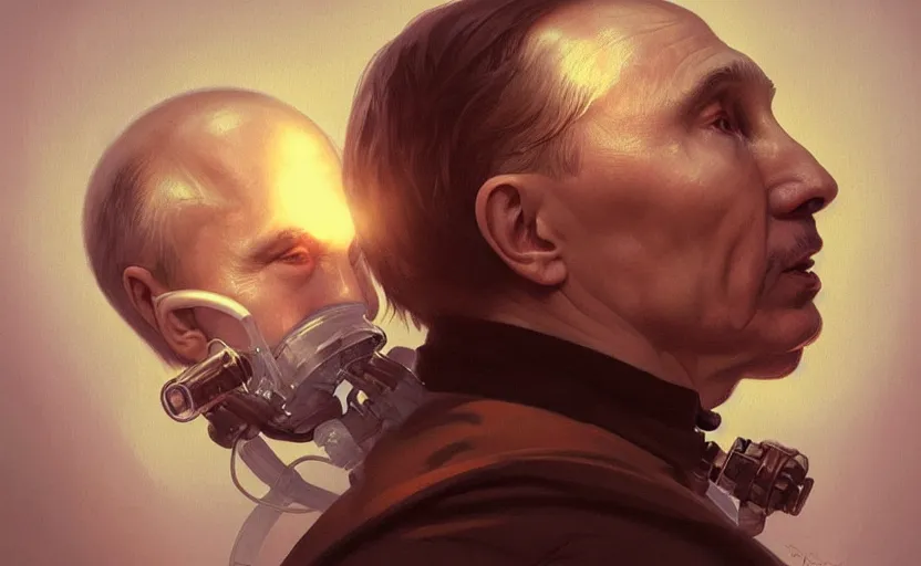 Image similar to Putin suffocates with oxygen mask on a death bed, intricate, portrait, highly detailed, digital painting, artstation, concept art, smooth, sharp focus, illustration, cinematic lighting, art by artgerm and greg rutkowski and alphonse mucha