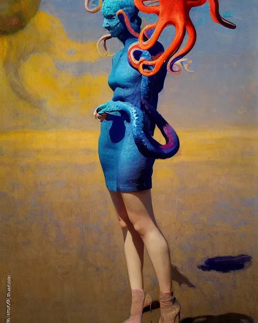 Image similar to a beautiful girl wearing a colourful octopus as a dress, painted by edgar maxence, edward hopper, wayne barlowe and james gilleard, airbrush, art by jamesjean