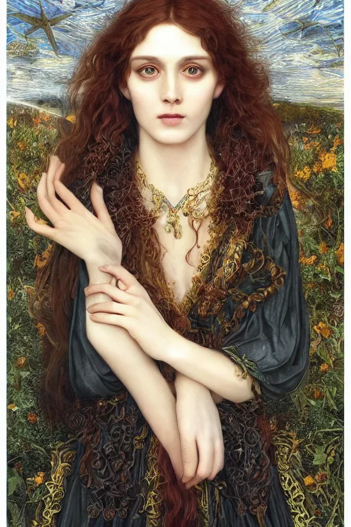 Prompt: An extremely beautiful pre-raphaelite ornate portrait of a very beautiful witch, surreal, ultradetailed, intricate, elegant, digital art painting, concept art, smooth, sharp focus, magazine art cover illustration, regal, award winning picture, extremely detailed masterpiece, sense of awe, featured on Artstation, Artgerm, ethereal bubbles, Aetherpunk, atmospheric lightning, Exquisite floral details, 8K detail post-processing, oil painting