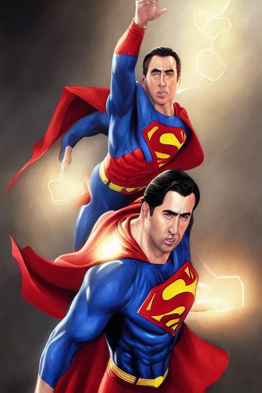 Image similar to Prtrait of Nicolas Cage as superman cinematic lighting, intricate, elegant, highly detailed, digital painting, artstation, painted by Artgerm and Mark Waid and Greg Rutkowski