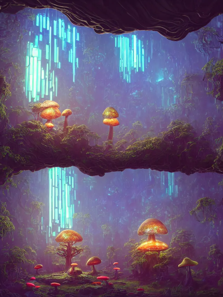 Image similar to the interior of a celestial dainty cyberpunk cottage in a bioluminescent tree trunk decorated beautifully, lots of cyberpunk design elements like toadstool mushrooms and small robots, warm sunlight shining in, lots of plants and flowers, concept art 8 k resolution, fantasy illustration, sharp focus, detailed painting, deep color, volumetric lighting, crepuscular rays