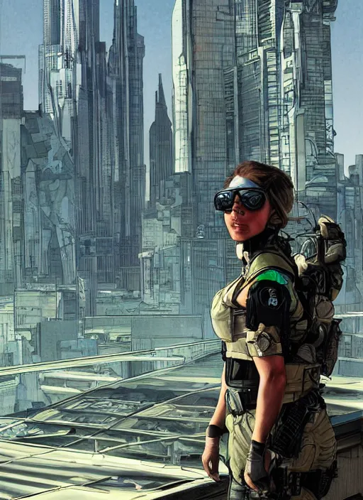 Image similar to Dinah. USN special forces operator looking at city skyline. Futuristic stealth suit. mgs and rb6s Concept art by James Gurney, Alphonso Mucha, matt rhodes, and Sam Hogg.