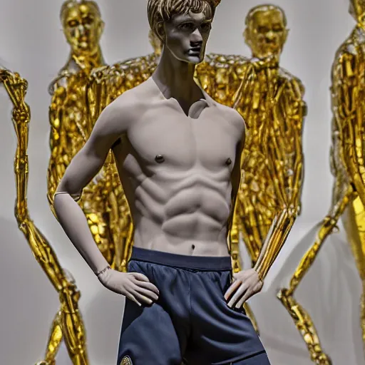 Image similar to a realistic detailed photo of a guy who is an attractive humanoid who is half robot and half humanoid, who is a male android, soccer players martin ødegaard, shiny skin, posing like a statue, blank stare, in a museum, on display, showing off his muscles, gold soccer shorts, ground view, porcelain statue