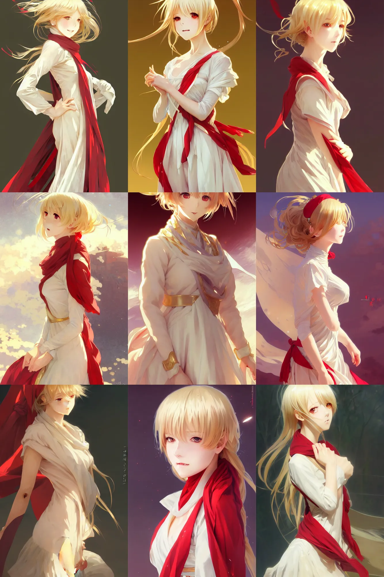 Prompt: anime girl of the future, light gold hair, splendid white 19th century dress, red scarf, triangles, body portrait, slight smile, windy, highly detailed, digital painting, artstation, concept art, sharp focus, illustration, art by WLOP and greg rutkowski and alphonse mucha and artgerm and yanjun chen