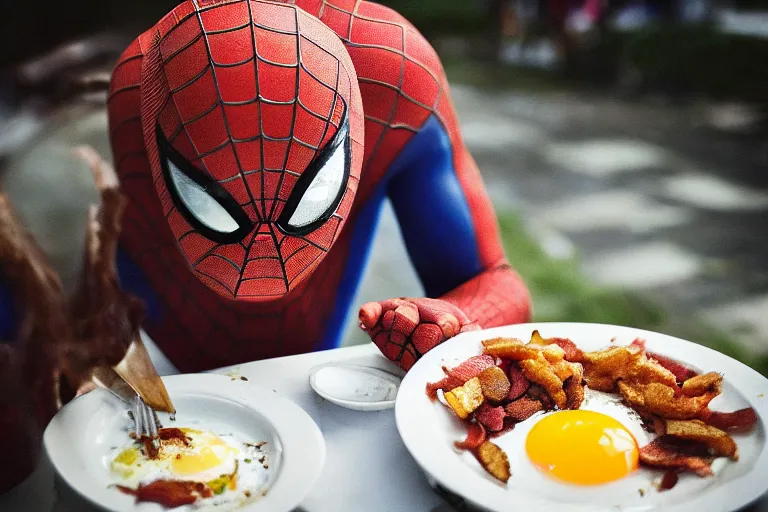 Prompt: painting of a pre - raphaelite spider - man eating fried eggs and bacon, 5 0 mm lens, f 1. 4, sharp focus, ethereal, emotionally evoking, head in focus, volumetric lighting, blur dreamy outdoor,