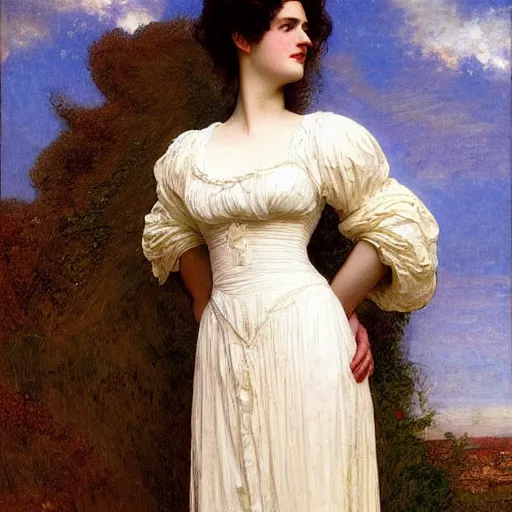 Prompt: portrait en buste of eva green in an edwardian dress by frederic william burton and frederic leighton, abundantly detailed