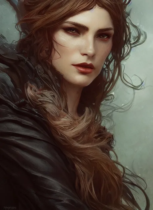 Image similar to cinematic lighting, portrait of a ruggedly handsome female witch, soft hair, half body, leather, d & d, fantasy, intricate, elegant, highly detailed, digital painting, artstation, concept art, smooth, sharp focus, illustration, art by artgerm and greg rutkowski and alphonse mucha