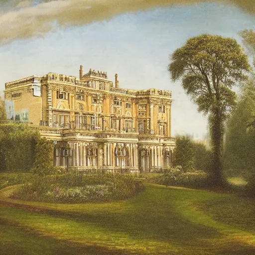 Image similar to landscape photograph of a large victorian palace with gardens. Detailed