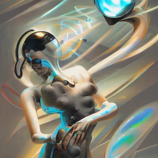 Image similar to scifi futurism automaton minimalism chrome by peter mohrbacher art Hajime Sorayama airbrush hyperrealism model abstract shatter fragments cubism futurism pastel blue soft flat minimal minimalism portrait face jackson pollock ukiyo-e lithograph mark ruthko swirl escape noise shimmer glow paint