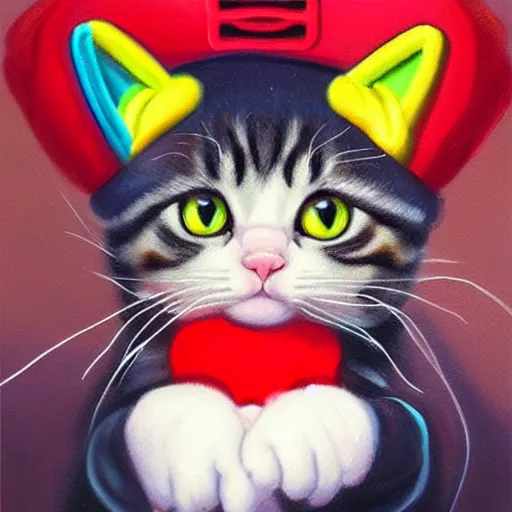 Image similar to A beautiful oil painting of a Kawaii Cat wearing a Super Mario Hat, nintendo, intricate, volumetric lighting, photorealistic, colorful, highly detailed.