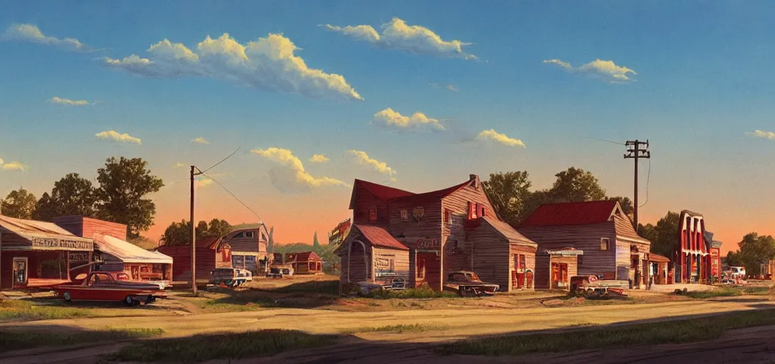 Image similar to concept art of a small rural town in middle America in the 1960s, detailed, Americana, golden hour