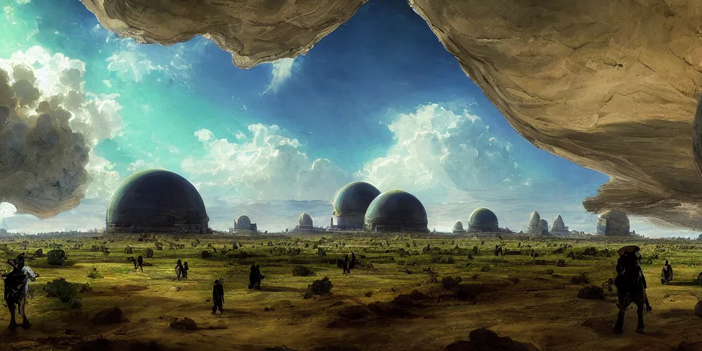 Prompt: hyper detailed painting of giant domes made of bright, shining, vibrant green emeralds, sprawling across majestic parched plains, by francisco goya and rembrandt, unsettling, mysterious, by stephan martiniere and alexander fedosav, hyperrealism, 8 k resolution, behance hd, artstation, nightcafe