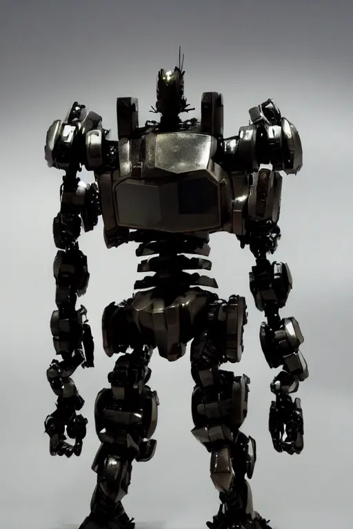 Image similar to samurai inspired mecha real steel (2011) robot. Black reflective panels exposed wiring joints. Scowling angry face. Glowing eyes. intimidating cyberpunk style of Roger Deakins Jeremy Saulnier Newton Thomas Sigel Robert Elswit Greig Fraser trending rtx on ue5. 35mm Kodak Vision 2383 gritty atmospheric Bladerunner 2049