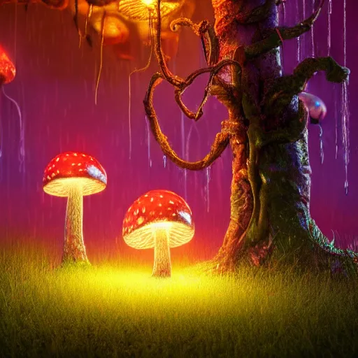 Prompt: glowing mushrooms in swamp fog, mist, fireflies, vines, bioluminescent, rain, trending on artstation,, vibrant, intricate detail, dramatic lighting, octane render, weta digital, micro details, 3 d structure, ray trace, highly detailed and intricate, sharp focus, photography, unreal engine