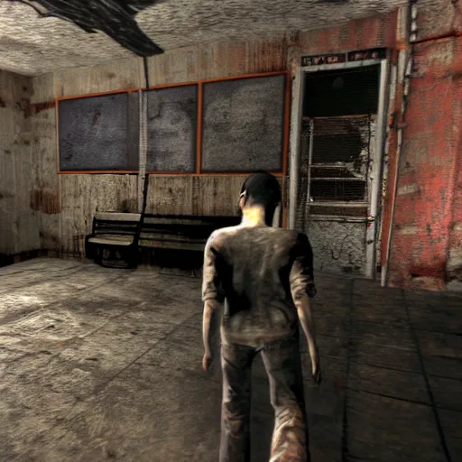 Image similar to screenshot from old playstation game, third person, horror, mohawk punk, silent hill