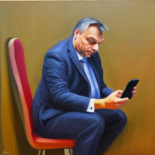 Image similar to viktor orban playing on his phone in a cubicle, oil painting