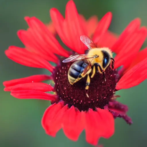 Prompt: a bee almost landing on a red burning flower, the background is on fire, macro photography