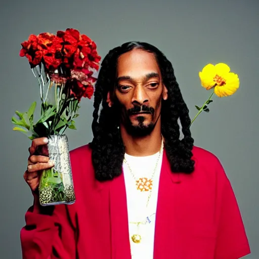 Image similar to Snoop Dogg holding a Vase of flowers for a 1990s sitcom tv show, cinematic lighting, Studio Photograph, portrait, C 12.0