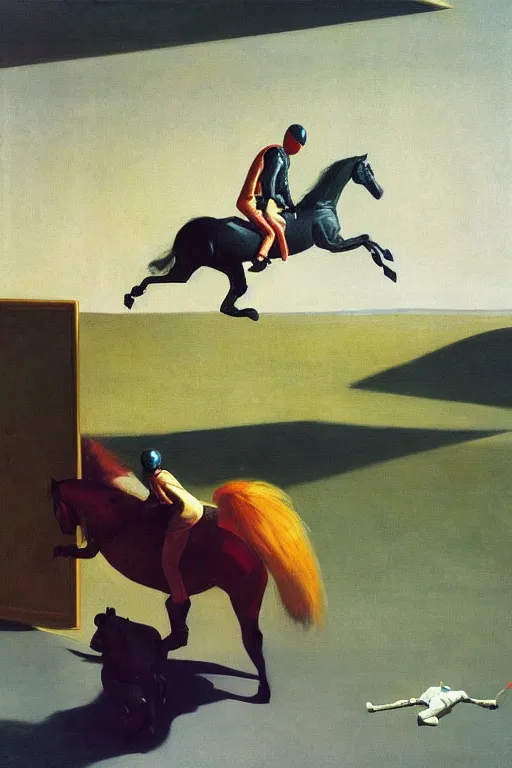 Prompt: a horse riding an astronaut, hauntingly surreal, highly detailed painting by francis bacon, edward hopper, adrian ghenie, gerhard richter, and james jean soft light 4 k,