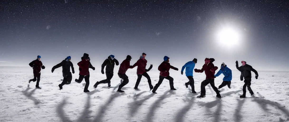Image similar to a creepy backlit hyper detailed photo realistic vivid close up photograph of a group of six complete people in the snow at night in antarctica running through mcmurdo station base screaming oh my god
