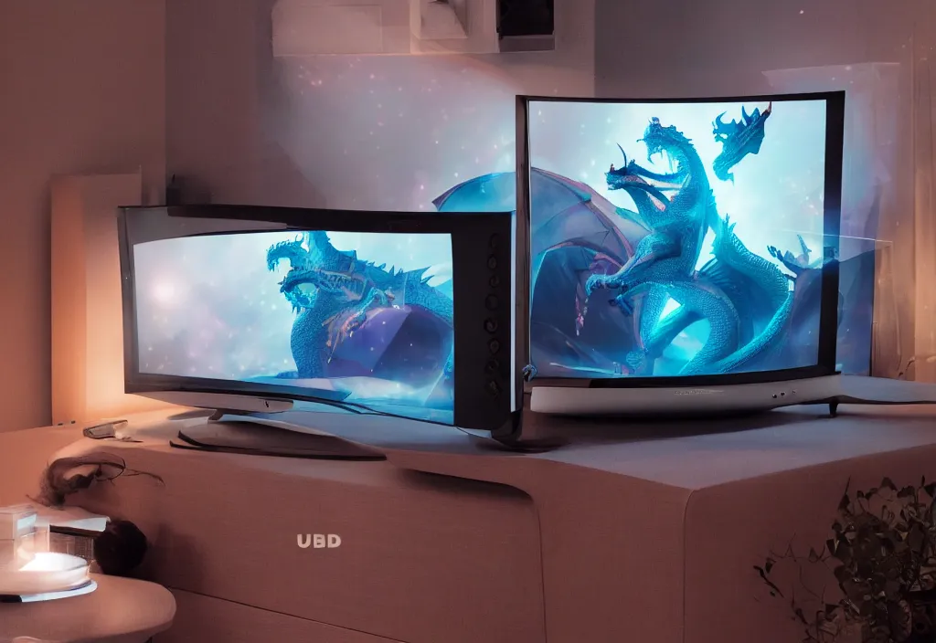 Image similar to curved 3 dtv dragon popping out of tv, volumetric lighting, bedroom, visor, users, pair of keycards on table, bokeh, creterion collection, shot on 7 0 mm, instax