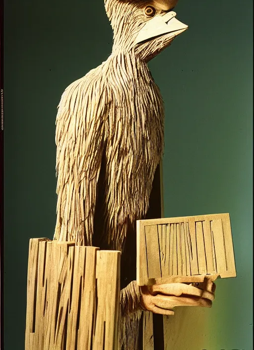 Image similar to realistic photo of a a hairy human birdman sculpture by max ernst made of white clay, in a living room sci - fi laboratory with many wooden gadgets made of wood interior is made of wood 1 9 9 0, life magazine reportage photo, natural colors