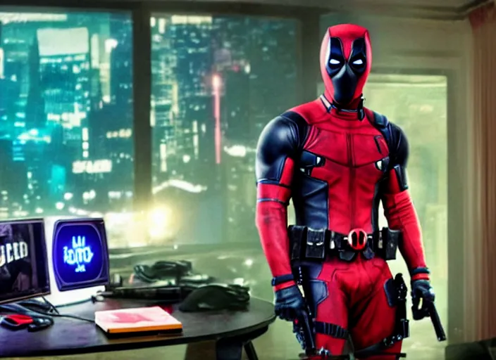 Image similar to film still of Deadpool working as a twitch streamer next to his RGB gaming PC in his neon lit bedroom in the new Deadpool movie, 4k