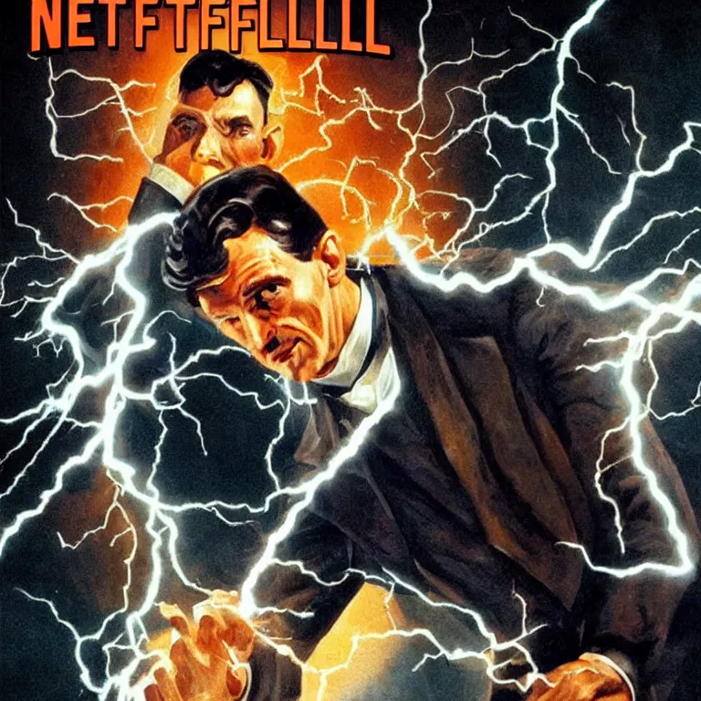 Image similar to Nikola Tesla spewing lightning from hands, netflix, marvel, full hd, comics