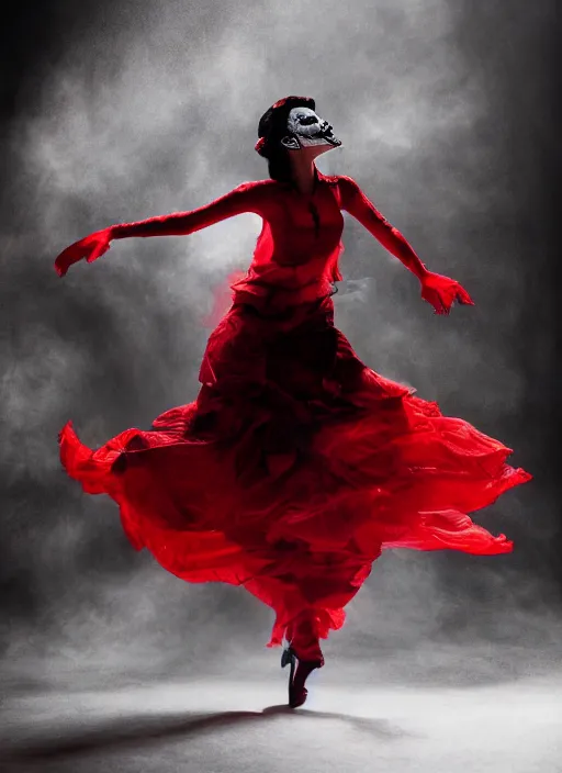 Image similar to a Photorealistic dramatic hyperrealistic render of a glamorous beautiful Mexican Catrina smoke dancer wearing red by Ken Brower and Deborah Ory of NYC Dance project,Lois Greenfield,Flowing cloth and smoke,Beautiful dynamic dramatic dark moody lighting,volumetric,shadows,cinematic atmosphere,Octane render,8K