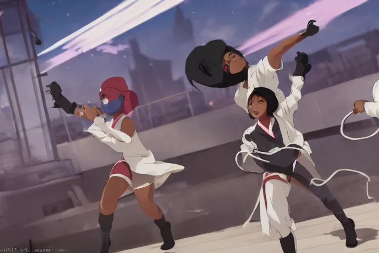 Image similar to a cute young black female ninja nurse wearing a diamond white coat is attacking an old man on a harlem rooftop, lighting, anime scenery by Makoto shinkai