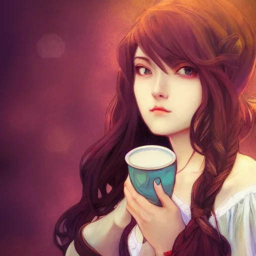 Image similar to a portrait of a girl drinking coffee , fantasy, anime , madhouse production, HDR, natural light, shoulder level shot, dynamic pose, award winning photograph, Mucha style 4k,