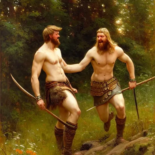 Image similar to 2 attractive male vikings frolicking in the forest. highly detailed painting by gaston bussiere, craig mullins, j. c. leyendecker, 8 k