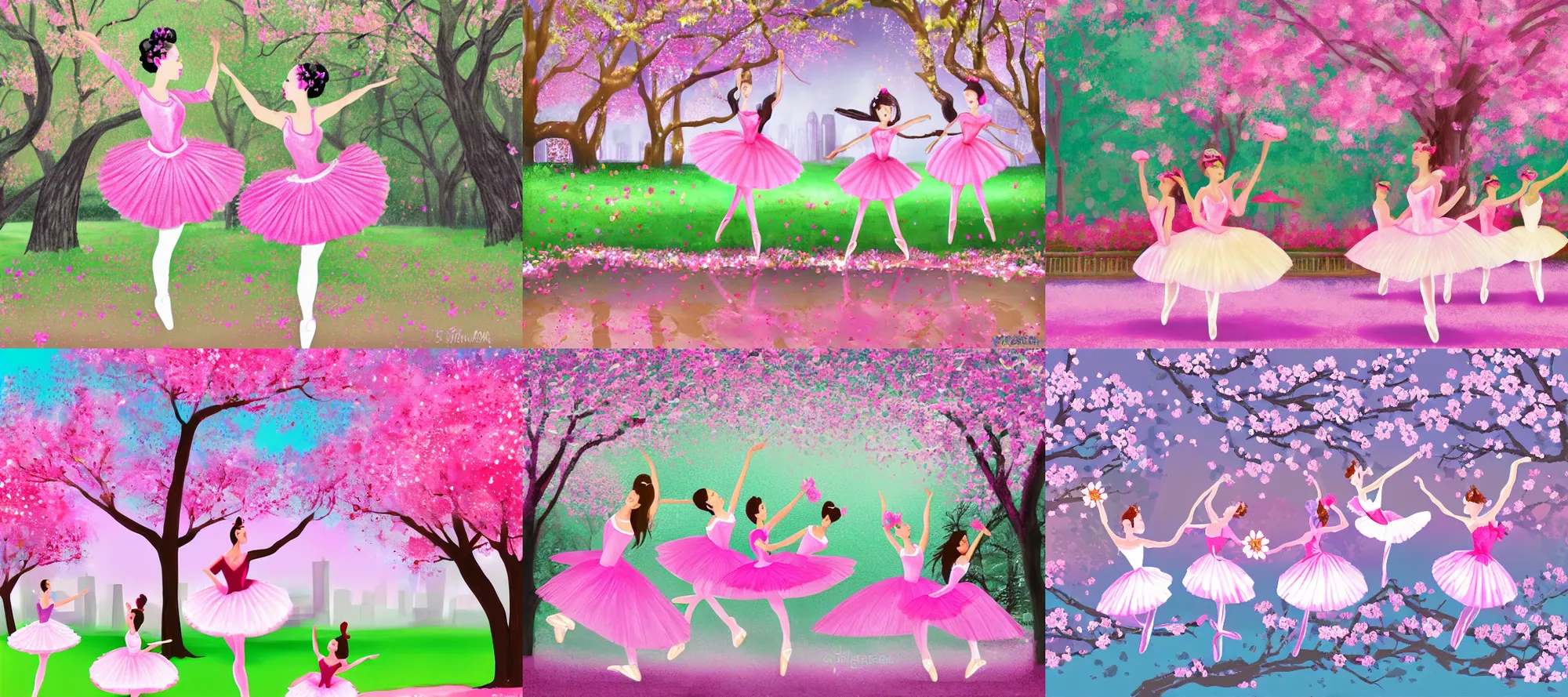 Prompt: ballerinas that are cupcakes dancing in a sakura park, full shot, ambient lighting, illustration, digital art,