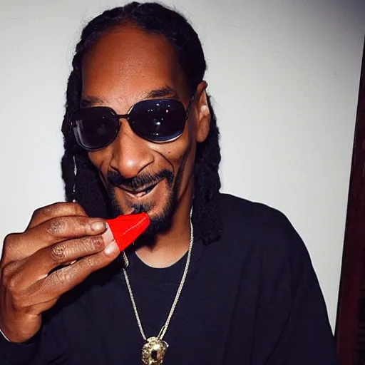 Image similar to Snoop Dog with big eyes eye color red , smiling and holding a joint in his hand