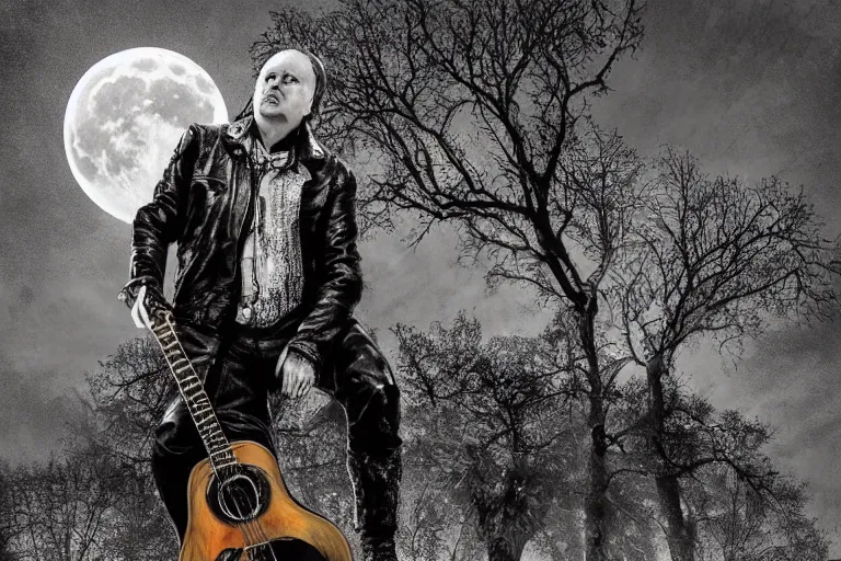 Prompt: mikhail gorsheniov in leather jacket plays blak guitar in the cemetery, dark night, full moon, crows on the oak tree, highly detailed digital art, photorealistic