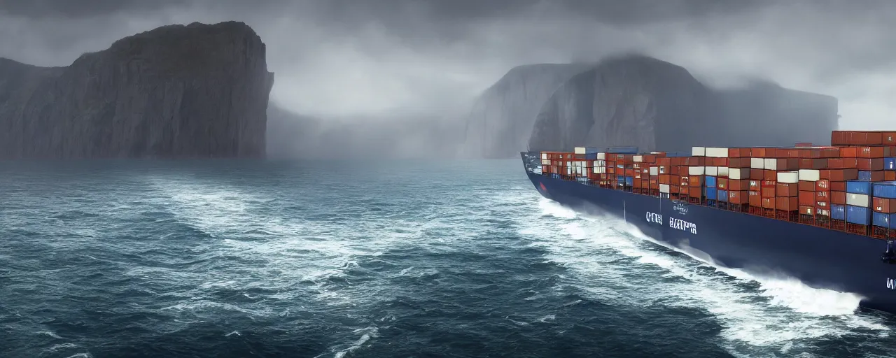 Prompt: paintifng of container ship containership colossus near misty black cliffs over steamy water, matte painting, detailed, amazing, 4k resolution