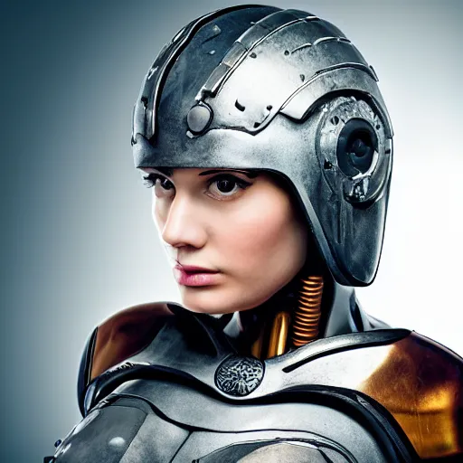 Prompt: portrait photo of a beautiful female cyborg. stone helmet. granite suit.