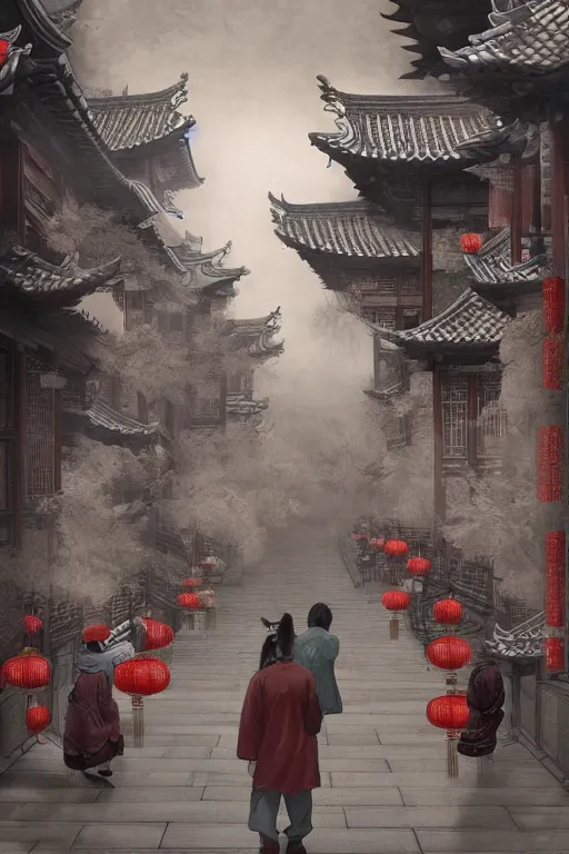 Image similar to on the night of the chinese new year's day, many chinese ghosts wander in the ancient chinese streets. the guiding line composition method, the tindal effect, the soft light, the cool color, by wu jinyuan, trending on artstation