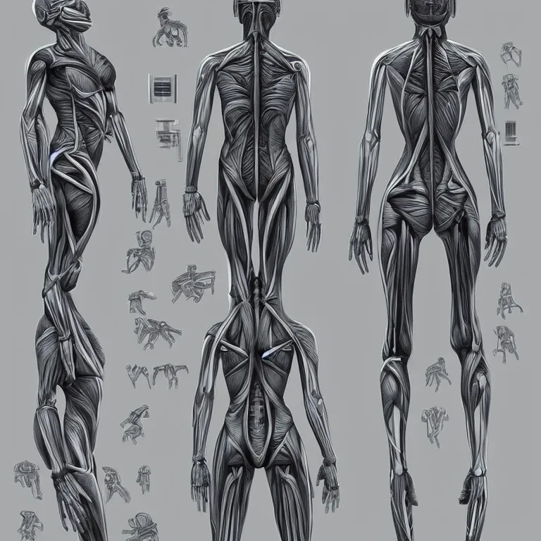 Image similar to symmetry!! human anatomy with cybernetic implants, gun metal grey, mecha, three - perspective / three - view reference sheet ( front / back / side ), muscles reference art, bionic, digital art, in the style of amanda lilleston, luka mivsek, bryan christie, artstation, pinterest, deviantart, photoshop, unreal engine