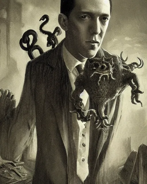 Image similar to portrait of a 1 9 2 0 s h p lovecraft with a miniature cthulhu perched on his shoulder, scholarly appearance, detailed face, 2 0 th century, highly detailed, cinematic lighting, digital art painting by greg rutkowski